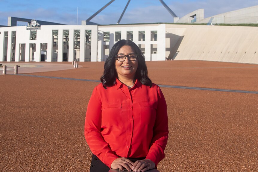 The Senator, wearing a red shirt, stands outside Parliament House in Canberra on a sunny day