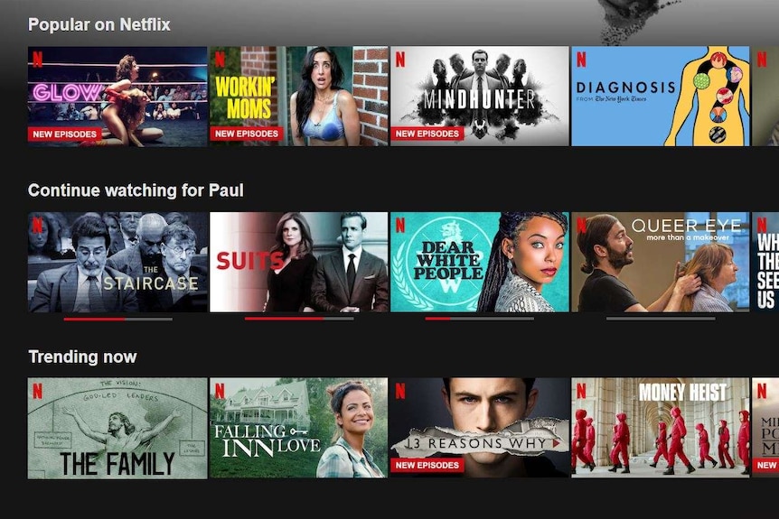 A view of the home screen of Netflix.