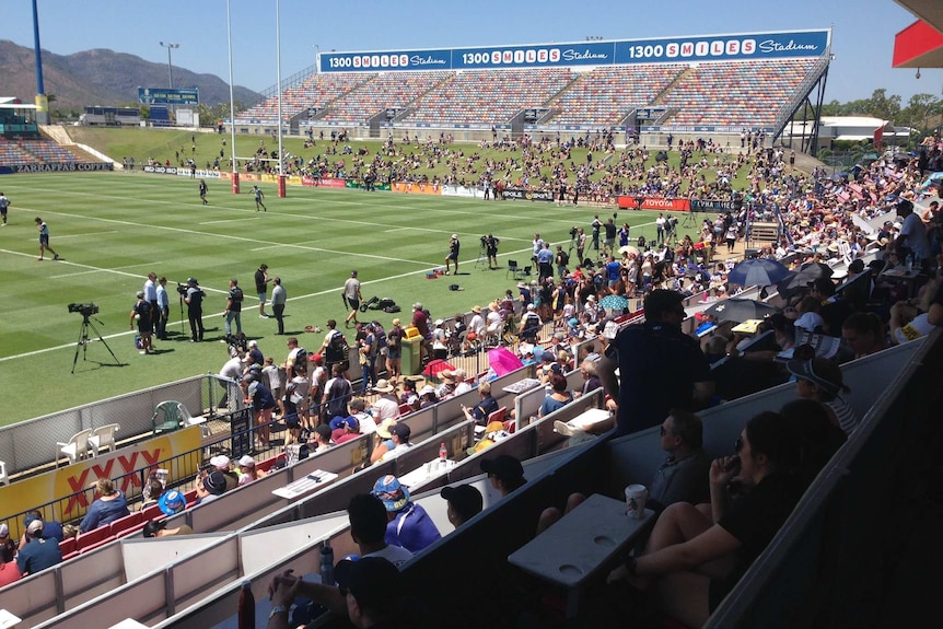 NRL team the north Queensland Cowboys training at their home stadium with crowds watching