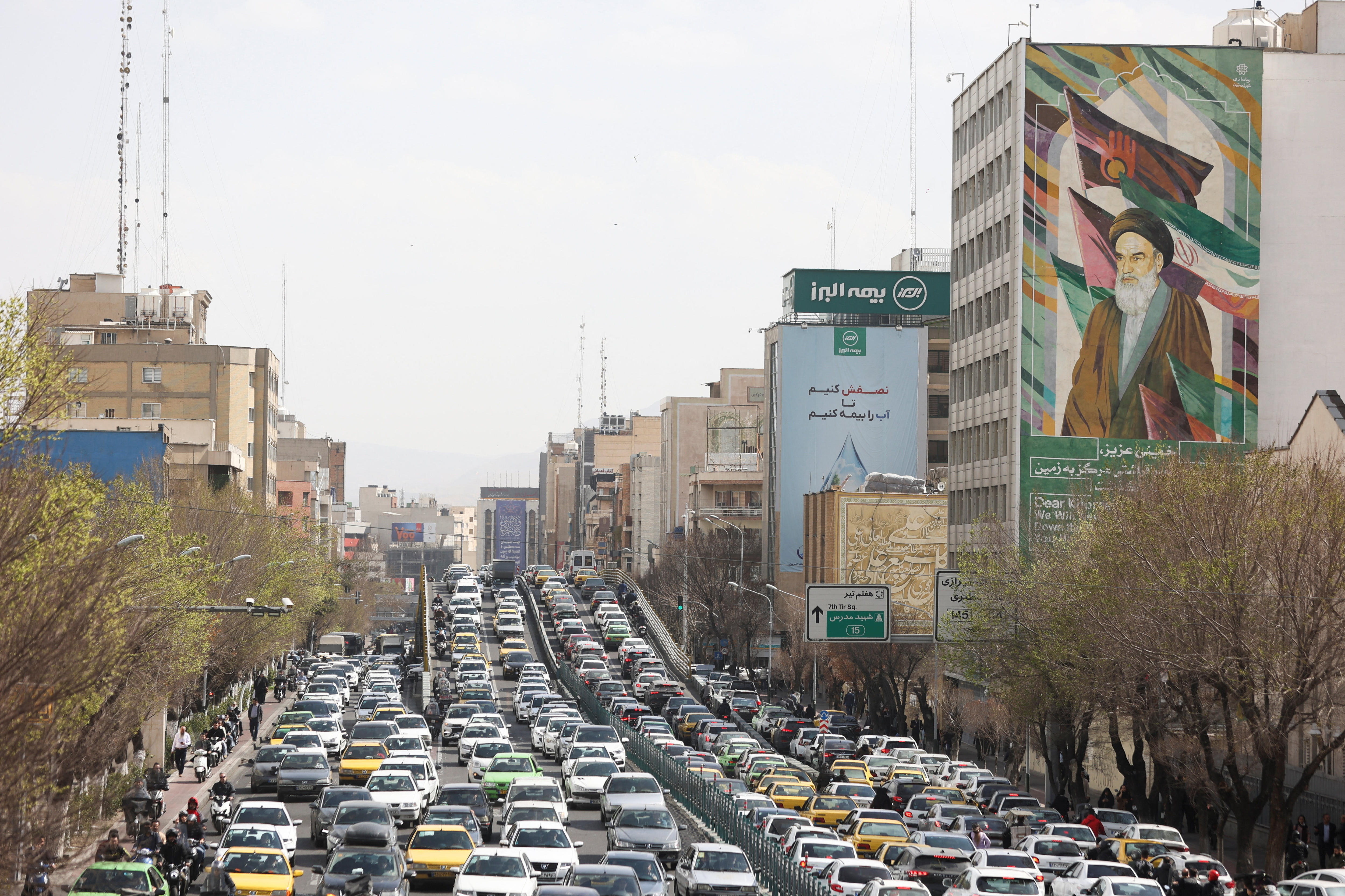 Heavy traffic is seen travelling in all directions on a main road in Tehran, Iran. 