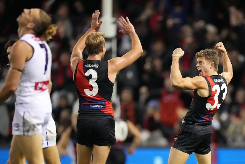Brayden Ham flexes his muscles and yells as Essendon teammate Darcy Parish tries to high-10 him during an AFL game.
