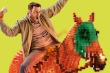 A man raises his arms in celebration while riding a pixelated horse.
