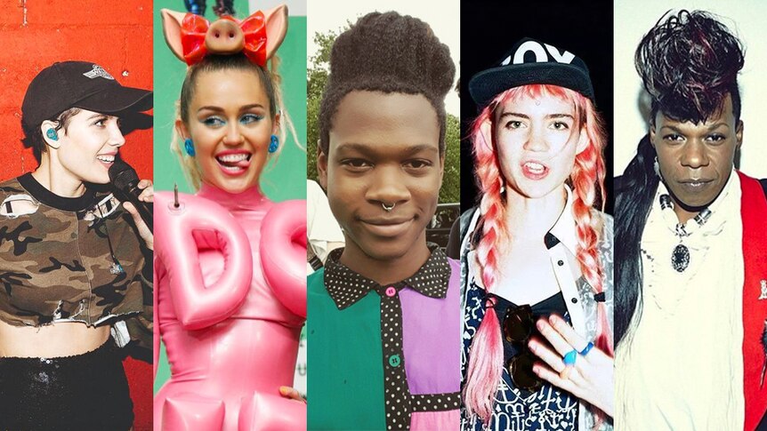 Gender-bending young pop stars: Halsey, Miley Cyrus, Shamir Bailey, Grimes and Big Freedia.