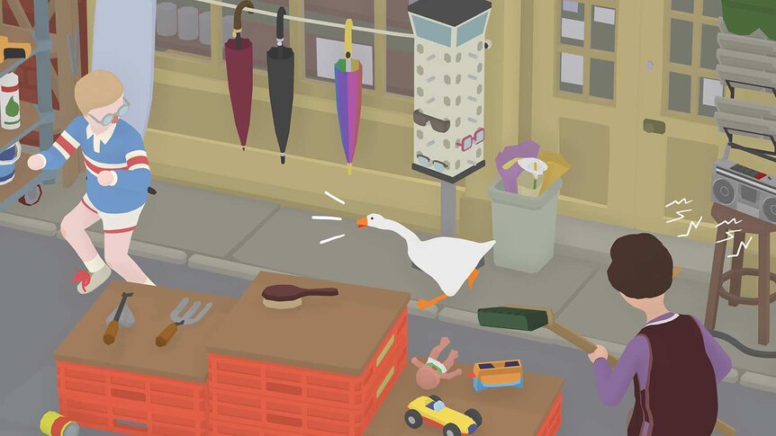 A game screenshot showing a cartoon goose honking and chasing a boy