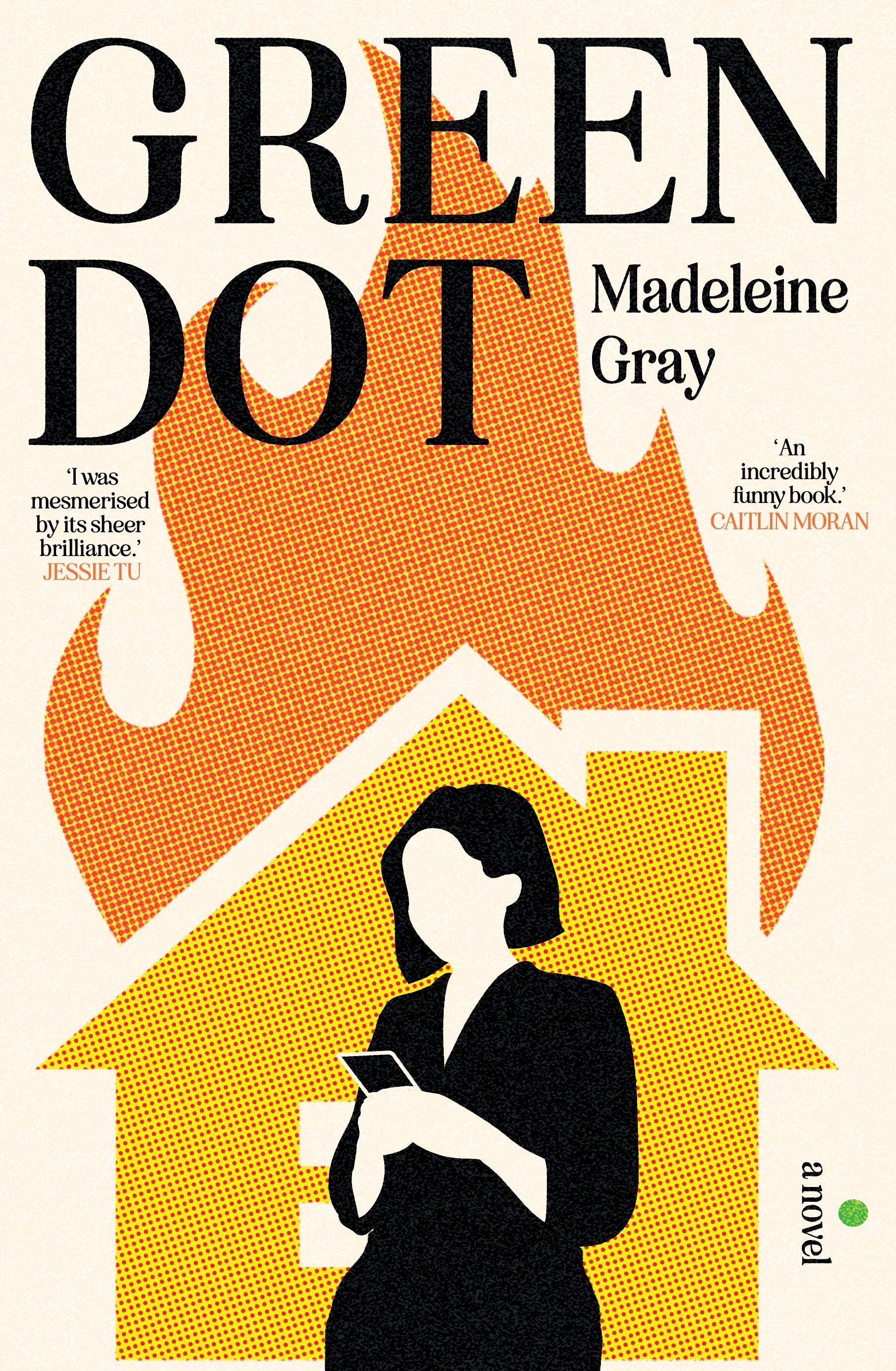A book cover showing a stylised illustration of a young woman texting on a phone and a burning house behind her
