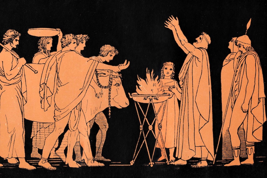 Illustration depicting a scene from Homer's the Odyssey, in black-and-orange.