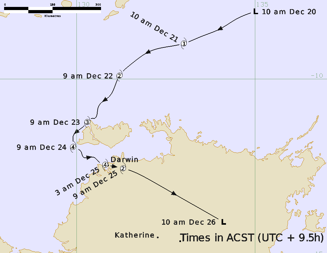 A map showing the track of Cyclone Tracy.