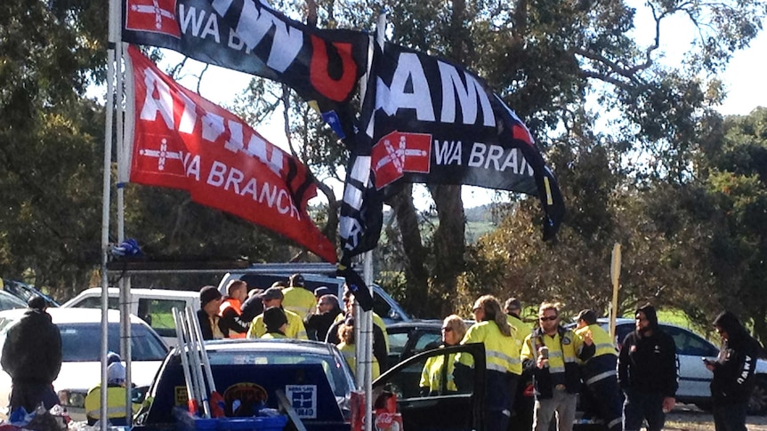 AMWU members gather at the entrance to Alcoa's Pinjarra refinery.