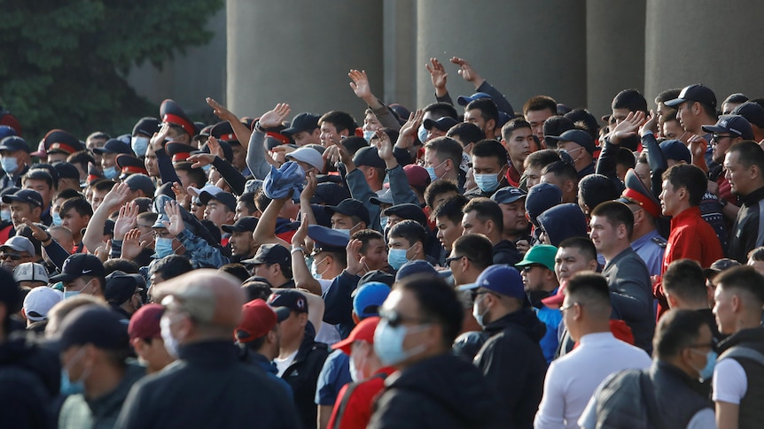 Crowds of people rallying in Kyrgyzstan 