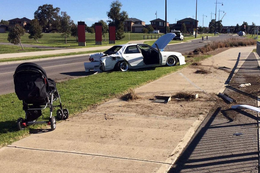 Pram hit by a stolen car at scene of hit-run in Craigieburn, Victoria