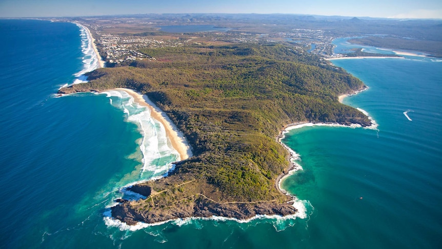 Aerial view over surf and bushland