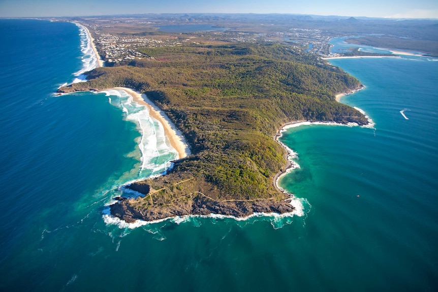 Aerial view over surf and bushland
