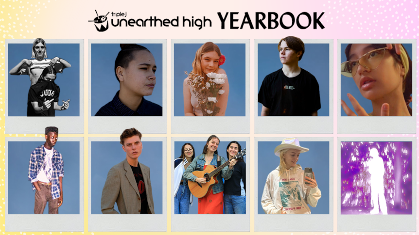 Images of the ten artists in the Unearthed High Yearbook for 2021 edited into Polaroid squares above a pink-yellow gradient.