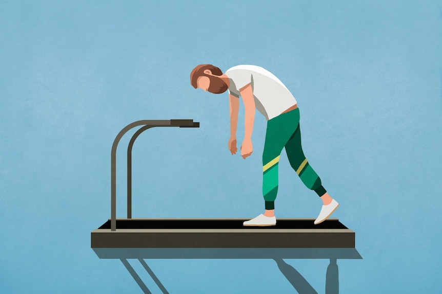 Illustration of tired man walking on treadmill.
