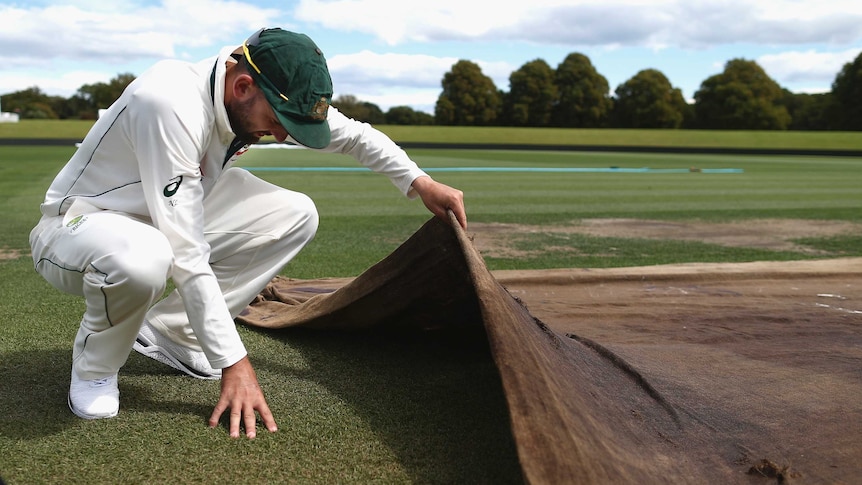 Nathan Lyon inspects the Hagley Oval pitch