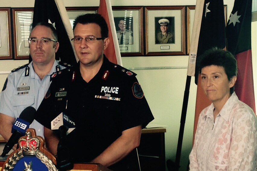 NT Police's Reece Kershaw, NTES's Andrew Warton and Dept of Children and Families Anna Bradford.