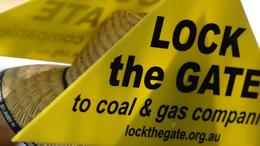 Anti-fracking protester wears a 'Lock the gate' sign (ABC: Tim Leslie)