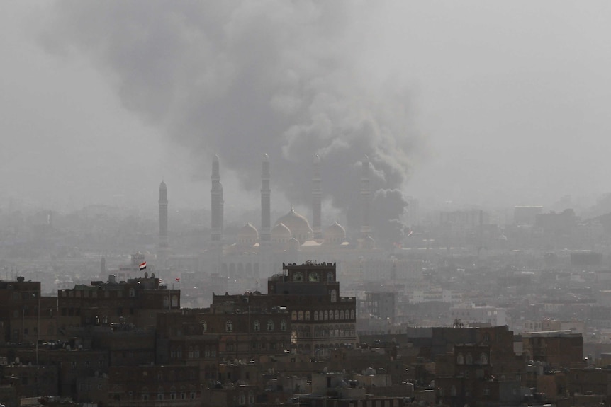 Smoke rises from a residential area in Sanaa, Yemen.