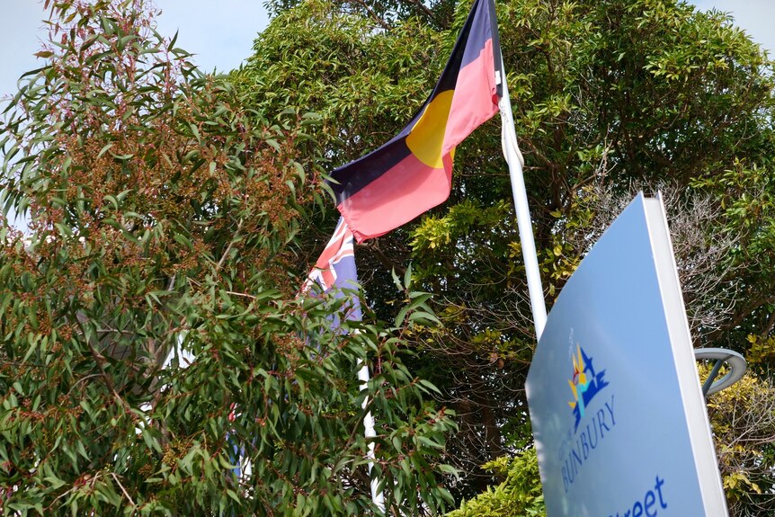 A photo of the Indigenous flag outside a council building.