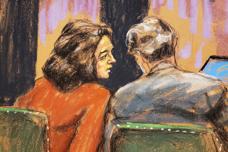 Ghislaine Maxwell, left, speaks with defense attorney Jeffrey Pagliuca, right, in courtroom sketch
