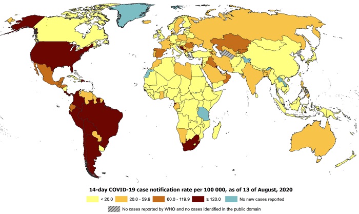 Worldwide distribution of 14-day cumulative number of reported COVID-19 cases per 100,000 population