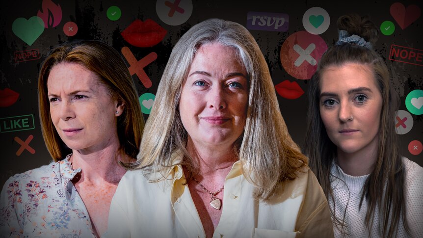 Montage of three women with graphic background of dating app symbols against black background