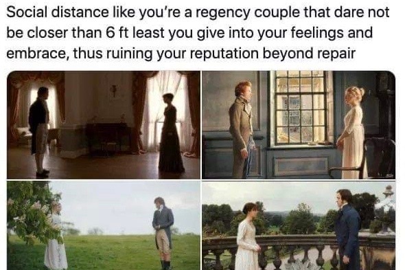 People in period costumes stand far apart from each other in a meme to encourage social distancing.