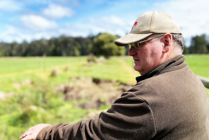Close up photo of farmer Malcolm surveying his green paddock.