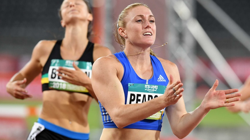 Sally Pearson celebrates her win in the womens 100m hurdles final at Australian Athletics titles.