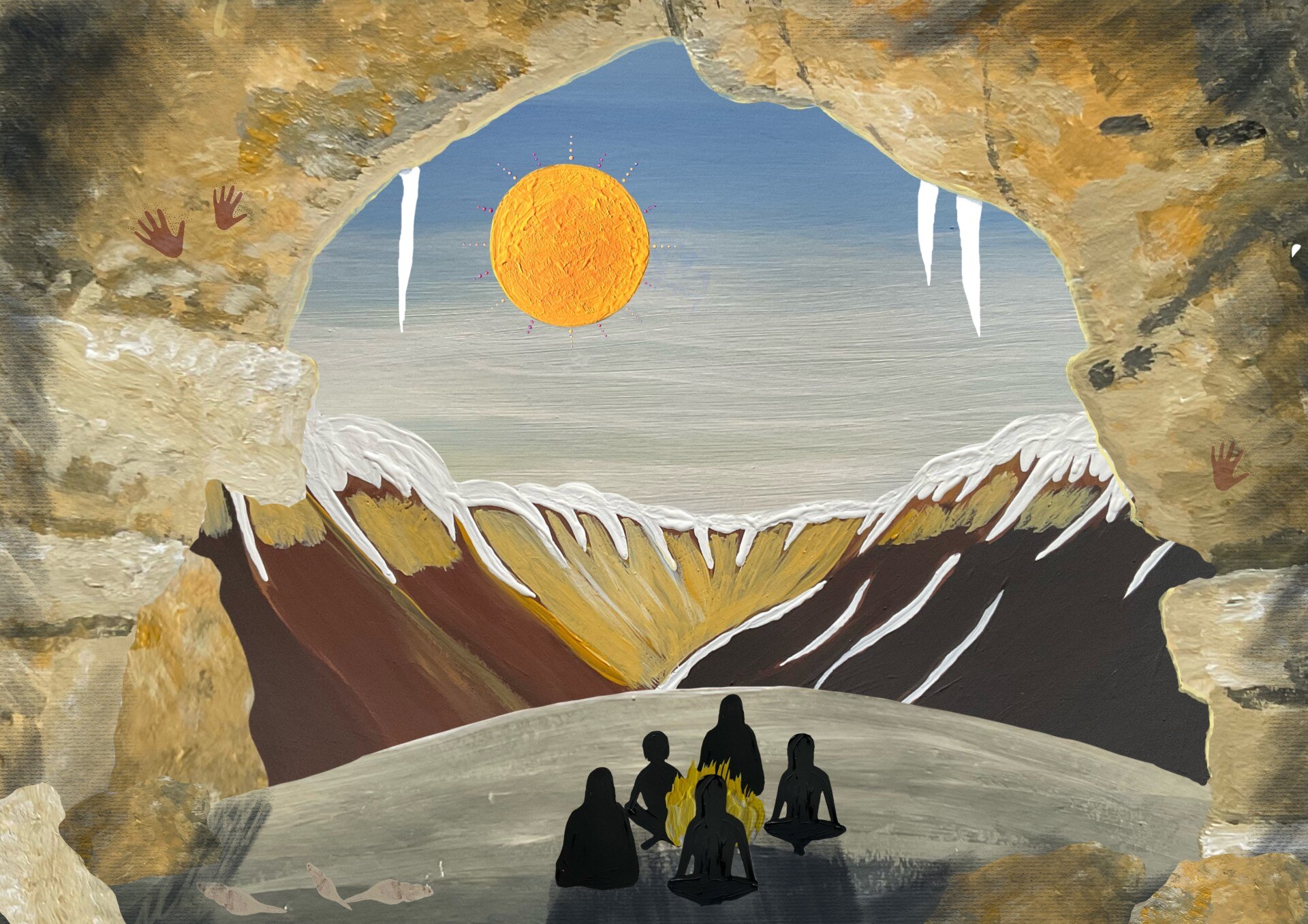 A n artwork showing people sitting in a cave.