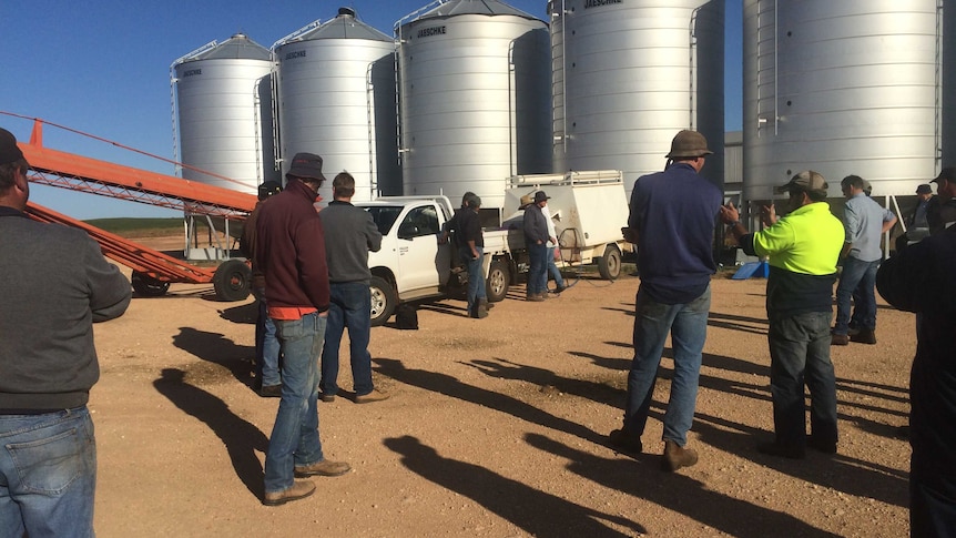 Farmers gather around grain silos on a property in the South Australian mallee.
