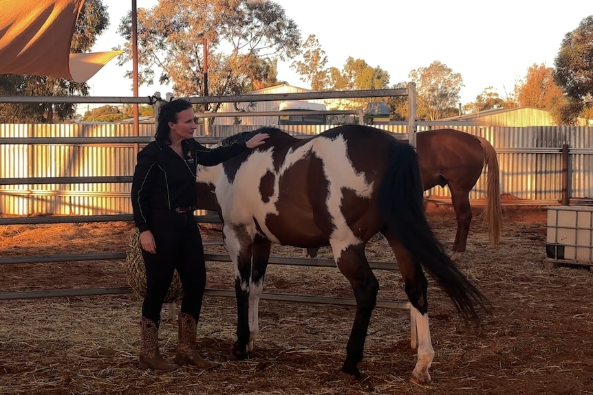 A woman patting a horse 