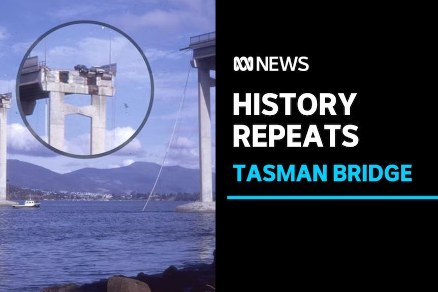 History Repeats, Tasman Bridge: Archival image of the Rasman Bridge collapsing with a circle zooming in on a collapsed portion.