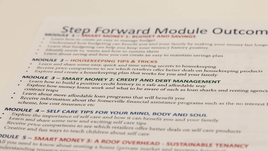 A piece of paper detailing the different modules in the Step Forward program.