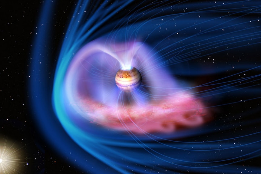 An illustration of Jupiter's aurora and magnetosphere
