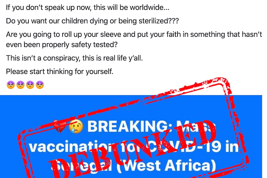 Facebook post claiming seven children died in Senegal after COVID-19 vaccination with a large debunked stamp on top