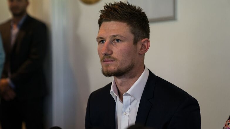 Cameron Bancroft at a press conference.