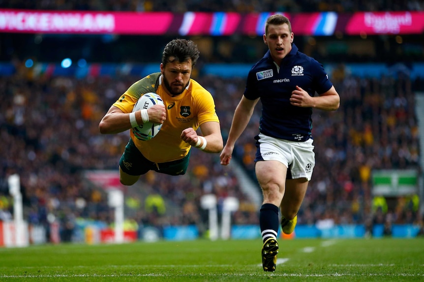 Adam Ashley-Cooper flies over for a try against Scotland