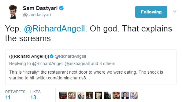 A screen capture of tweets from Richard Angel and Sam Dastyari