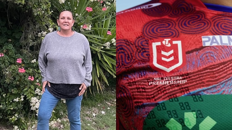 A woman standing in her garden, her name is Saretta Fielding. Also pictured is the Knights Indigenous jersey design.