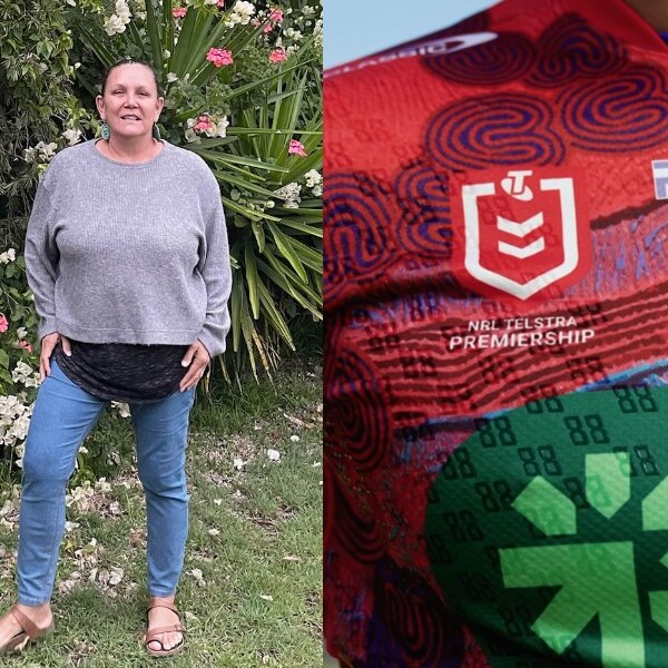 A woman standing in her garden, her name is Saretta Fielding. Also pictured is the Knights Indigenous jersey design.