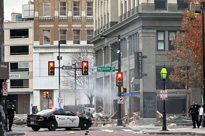 Scene of an explosion with police blocking off the street 