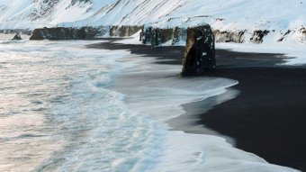 Landscape shot of snowy mountains leading down to a black sandy beach.