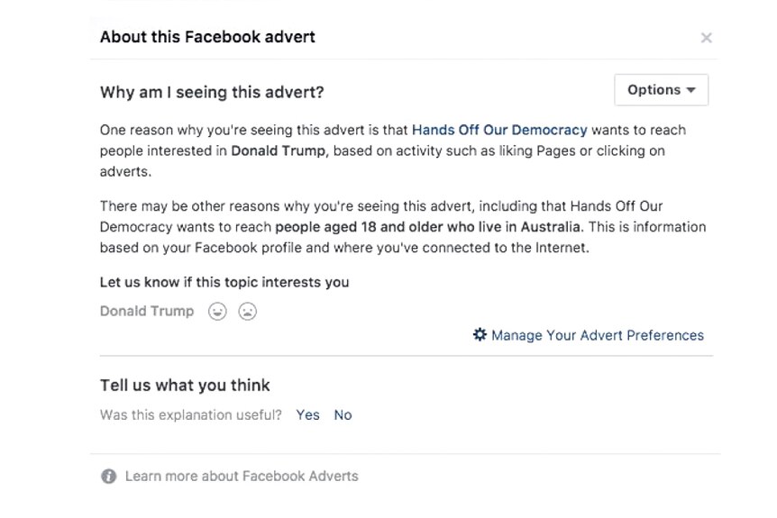 A Facebook message explaining why users are seeing a particular advertisement.