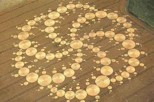 This circular design made up of 409 individual circles with a diameter of 238 metres appeared in 2001 in Wiltshire, UK.