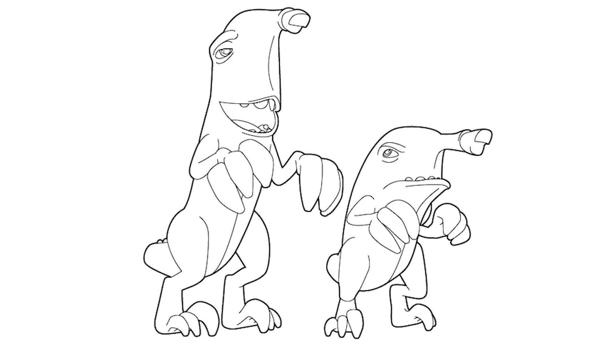 Line drawing of Bananaraptors from Ginger and the Vegesaurs