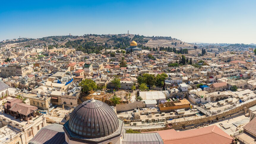View of the Old City of Jerusalem from the Christian Quarter to the Temple Mount