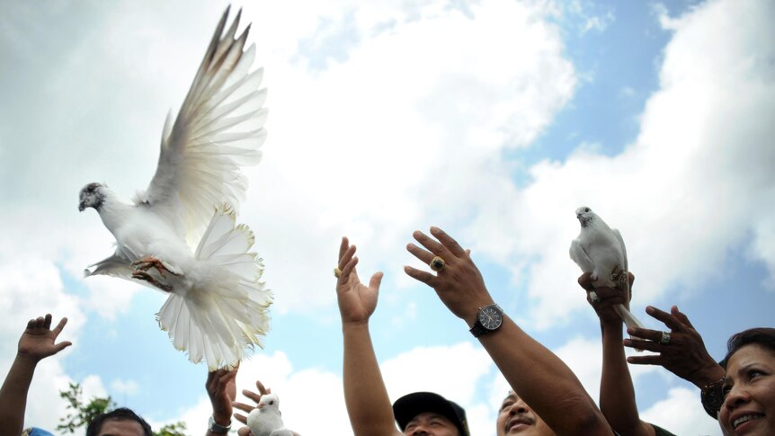 Indonesians release pigeons in front of a Bali cafe on the anniversary of the 2005 bomb blasts.