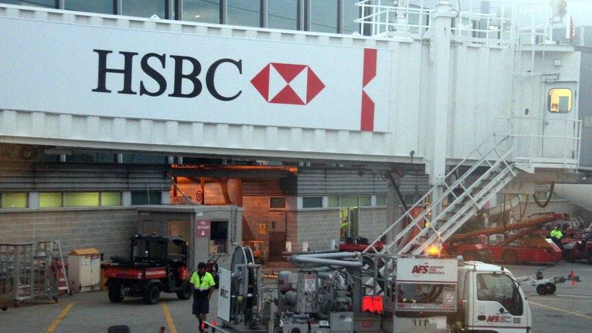 HSBC sign on an airbridge at Sydney Airport.