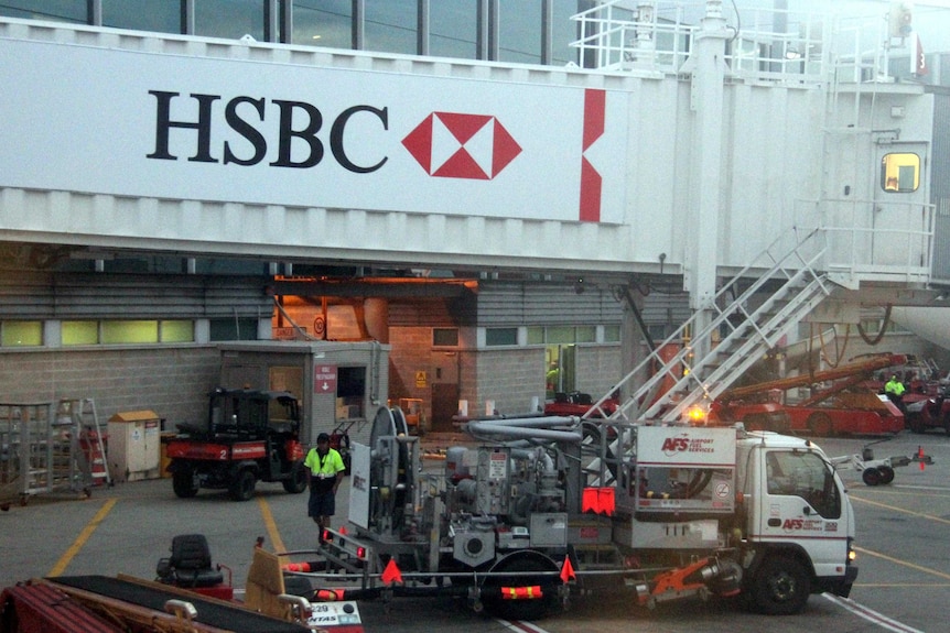 HSBC sign on an airbridge at Sydney Airport.